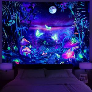 VIKAMA Vibrant Fungi Grove & Butterflies UV Blacklight Glow-in-the-Dark Tapestry Trippy Lunar Water Wall Decor Polyester Mềm Mại Bền Bỉ
