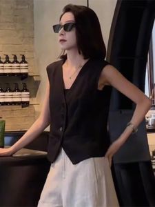 GEBOFU | Black Sleeveless Vest Thin Linen
