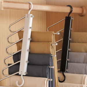 Multifunction Pant Rack Towel Shelves Closet Wardrobe Organizer Wardrobe Artifact Stainless Steel Telescopic Storage (Black/White)