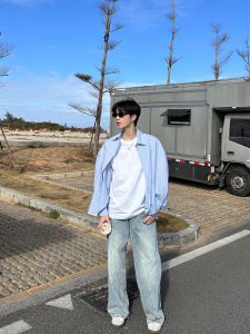 ONELYC1NS Mens Loose Fit Long Sleeve Shirt Blue White Stripes Casual Classic Style Spring Autumn Season Fashionable Outerwear