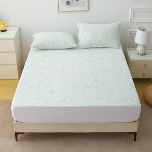 1Pc Cooling Bamboo Fiber Mattress Protector -Waterproof & Ultra-Soft Knit Breathable Fitted Sheet with Blue Leaf Design