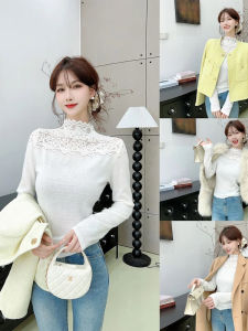 เสื้อเชิ้ตคอตั้งแขนยาวผ้าลูกไม้สไตล์นุ่มๆ สำหรับผู้หญิง เสื้อชั้นในสีพื้น ฤดูใบไม้ร่วง 2024 เสื้อเชิ้ตคอตั้งสไตล์เกาหลี