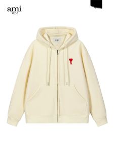 Ami Iepo Beige Open Cardigan Hoodie Thickened Fleece Zipper Womens Style Casual Streetwear Long Sleeve Regular Fit Hoodie