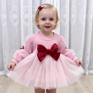 Childrens Korean version dress girls spring and autumn fashion long sleeved bow mesh dress babys birthday dress 0-4Y