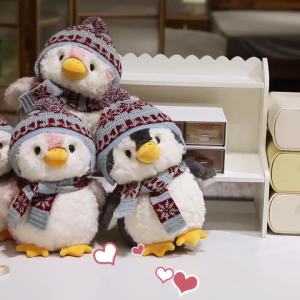 Cartoon Winter Penguin Rabbit With Hat Scarf Kawaii Huggable Soft Plush Toys Stuffed Animal Pillow Birthday Gifts
