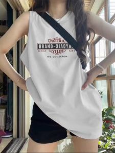 Áo Thun Nữ Không Tay Cotton Nguyên Chất Mùa Hè 2024 Áo Khoác Ngoài Rộng Rãi Kiểu Bóng Rổ Cổ Treo in Chữ Thời Trang Thường Ngày