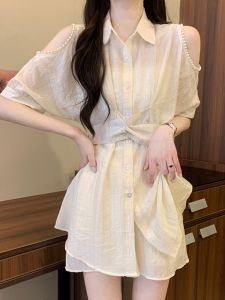 Fashionable Plus Size Womens Two-Piece Set Stylish Design Slim Fit Shoulder Reveal Sun Protection Shorts and Top for Summer