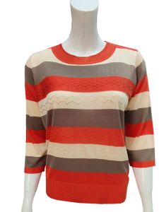 Spring Autumn 2024 Womens Knitted Top Loose Fit mid Sleeve Low round Neck Stripe Pattern Base Layer Outerwear Fashion Ladies