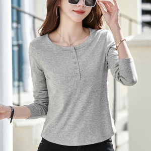 Womens round Neck Long Sleeve T-Shirt Spring Autumn White Cotton Base Shirt Short Loose Fit Button up Top Korean Style Straight Cut