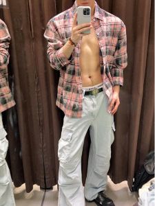 Pishuai Style Fried Street Shirt Mens Autumn American Retro Tie-Dyed Gingham Outwear Washed Distressed Plaid Long Sleeves Shirt