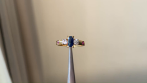 Burmese Unheated Blue Sapphire White Sapphire and Ruby Ring in 18K Yellow Gold