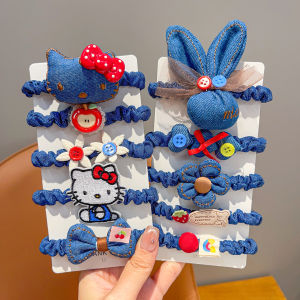 Childrens Cartoon Hair Ties Jeans KT Cat Hair Bands Girls Cute Hair Accessories Non-Damaging Versatile Hair Ropes