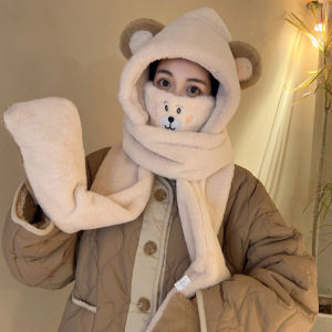 Cute Bear Hat Scarf Combo Womens Winter Neck Warmer 2025 Trendy Hooded Girls Plush Warm Neck Cover Winter Fashion Accessories
