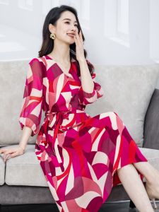 Silk Spring Summer New Design V-neck Waist-cinching Mulberry Silk Floral Print Long Dress Tea Break French Style A-line Dress