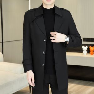 HENGYUANXIANG | Hengyuanxiang Mens Mid-Length Jacket Slim Fit Turn-down Collar Single Button Korean Style Spring Autumn New Fashion Coat