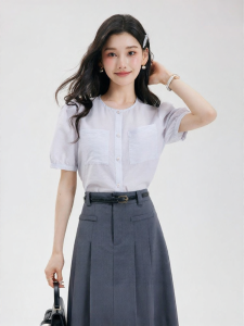 Blue Short Sleeve Shirt for Women with Round Neck Formal Business Wear