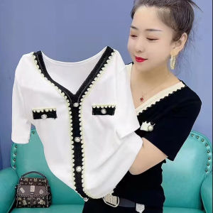 Elegant V Neck Lace Edge T-shirt Womens Color Matching Heavy Industry Bead Button Half-Sleeve Slim Fit Elastic High-End Outer Wear Summer