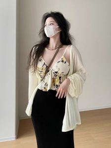 chaqi | Ultra-Thin Breathable Summer Wrap Cardigan Loose Knitted Silk Air Conditioning Shirt Womens Outerwear Short Coat V-Neck Long Sleeve