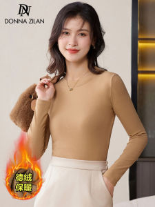 Double-Sided Fleece Thickened Long Sleeve Womens Thermal T-Shirt Warm Underwear Commute Style round Neck Korean Version