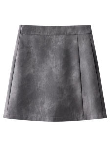 Grey Leather A-Line Mini Skirt Womens Summer Thin High Waist Slimming Wrap around Skirt Korean Style Commute High Waist