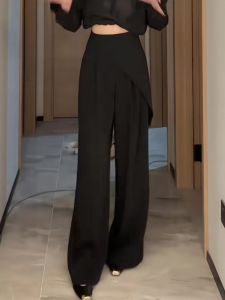High Waist Straight Leg Casual Wide Leg Pants Black Splicing Suit Pants Womens Autumn New Style Drapey Loose Fit Trousers