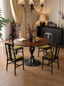 French Vintage Solid Wood round Table Living Room Mid-Century Modern Style 2025 New High-End round Table Chair Combination