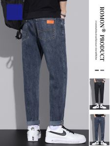 ROMON | กางเกงยีนส์ทรงหลวมสำหรับผู้ชาย Romon ฤดูใบไม้ผลิและฤดูใบไม้ร่วง 2023 ทรงตรง กางเกงขายาวทรงลำลอง ทรงหลวม วัสดุอื่นๆ