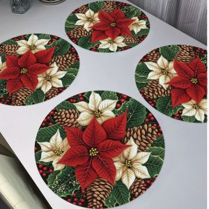 VIKAMA 4-Piece Christmas Poinsettia Pinecone Placemats Holiday Gathering Family Dining Table Decor Accessories Party Decor