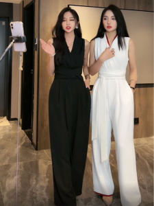 French Style Temperament Goddess V Neck Cinched Sleeveless Drape Jumpsuit Womens 2023 Summer Classy Slim-Fit Wide-Legged Pants