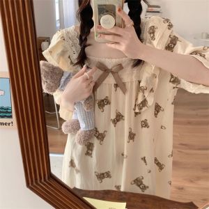 Váy Ngủ Nữ Babydoll Phối Ren Đính Nơ Gấu Cute Siêu Dễ Thương