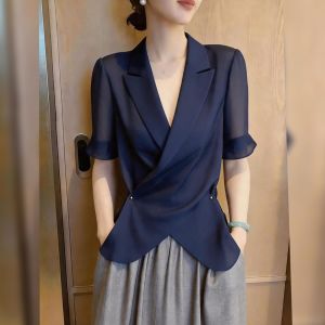 KUNAILIN | Commute Style Slimming Blue V-Neck Short Sleeve Shirt