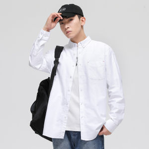 Mens Pure Cotton Long Sleeve Oxford Cloth Shirt Loose Casual Solid Color Business Shirt Large Size Youth Outerwear for Autumn