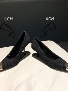 Elegant Evening High Heels Metal Pointed Toe Thin Heel Womens Shoes PU Leather Fashionable Korean Style Casual Slip-On Shoes