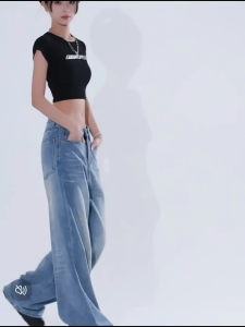 Retro light blue wide-leg jeans for women summer new tall loose versatile straight floor-length pants
