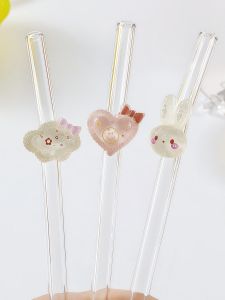 Cartoon Animal & Cloud Design Glass Straws Reusable Curved Drinking Straws with Rabbit Heart & Cloud Decor Kitchen Essential