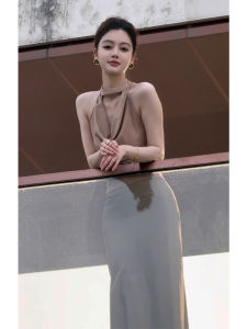 Elegant Autumn Winter Womens Dress Set Hanging Neck Swing Dress High Waist A-Line Short Sleeve Korean Style Commute Dress