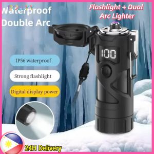 [🇵🇭 24h Delivery] Dollyy Outdoor Bright Flashlight Strong Light Electric Double Arc Usb Lighter Portable Pulse Plasma Lighter Multifunctional Cigarette Lighter Sealed Waterproof Dual Arc