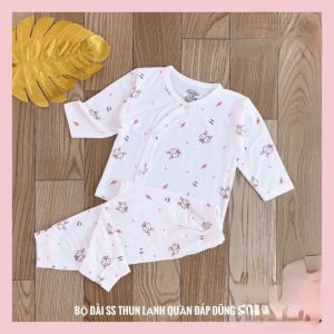 Đồ Bộ dài tay cúc chéo chất thun lạnh mầu trắng họa tiết ngộ nghĩnh cho bé trai bé gái trẻ sơ sinh