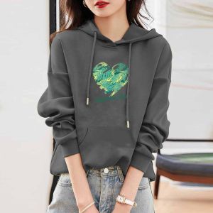 Trendy Cotton Sweatshirt Womens Spring Loose Slimming Print Hooded Pure Cotton Design Sense Fashion Top Simple Style