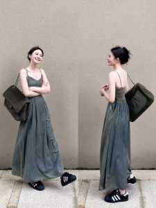 Elegant Ladylike Summer New A-Line Long Dress Womens Sleeveless Denim Halter Dress Slimming Waist Design Korean Style