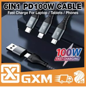 GXM 3 in 1 6 in 1 100W Fast Charge Data Cable iPhone 16 15 14 Lightning USB Type C to Type C Micro USB MacBook Laptop iPad Samsung Charger Cable 1.2m