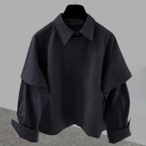 Fake Two-Piece Stitching Long-Sleeved Shirt Mens Spring and Autumn K-style Trendy Teen Pure Color Casual Loose Pullover Sweatershirt