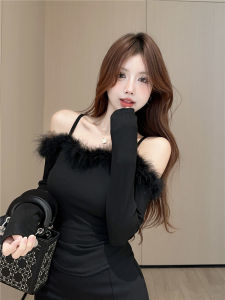 GUZILIAN | Long Sleeve One Shoulder Bicolor Splicing Knitted Base Shirt Womens Design Sensual Slimming Top Korean Style Commute Fashion