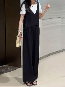 Shalldoer | Bộ đồ hai mảnh thường ngày cạp cao phong cách Hàn Quốc mùa hè cho nữ Áo thun tay ngắn và quần ống đứng màu tương phản