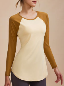 เสื้อโยคะแขนยาวระบายอากาศได้ดีสำหรับผู้หญิง ชุดออกกำลังกายวิ่งกลางแจ้ง ทรงสลิมฟิต หลังสวย เสื้อยืดคอตตอน