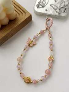 Chinoiserie Style Alloy Peace Charm Womens Mobile Phone Chain Sweet Artificial Stone Butterfly Crystal Key Pendant Decoration