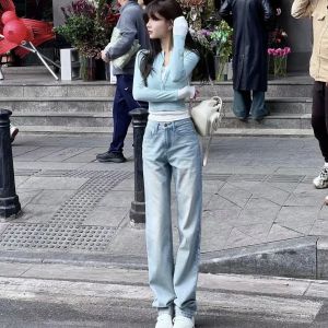 กางเกงยีนส์ทรงตรงเอวสูงสีอ่อนสำหรับผู้หญิงในช่วงต้นฤดูใบไม้ผลิ ทรงเข้ารูป สไตล์ย้อนยุค สวมใส่สบาย กางเกงยีนส์ทรงเข้ารูป