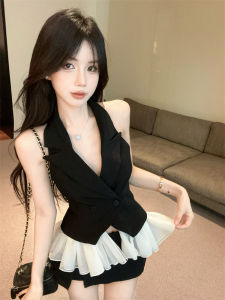 GUZILIAN | เสื้อกั๊กแขนกุดคอวีสีดำเซ็กซี่สไตล์เกาหลี ผ้าโปร่งขอบลูกไม้ ชุดทำงาน ใส่ไปทำงานได้ เสื้อผ้าทำงานสำหรับเด็กผู้หญิง