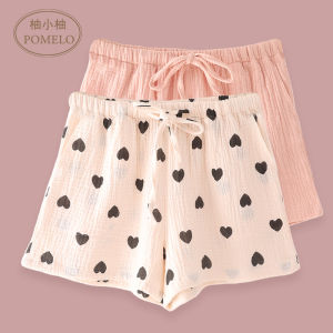 INS Summer Thin Champray Pure Cotton Gauze Home Pants Shorts Heart Pure Color Loose High Waist All Cotton Pajama Pants Women