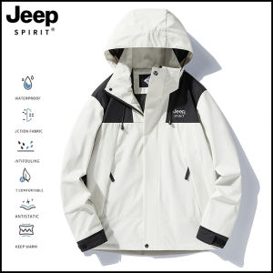 Jeep Spirit Explosions Mens and Womens Outdoor Single-layer Jackets with Detachable Hats Hiking Clothes Jackets Windproof and Waterproof Functions